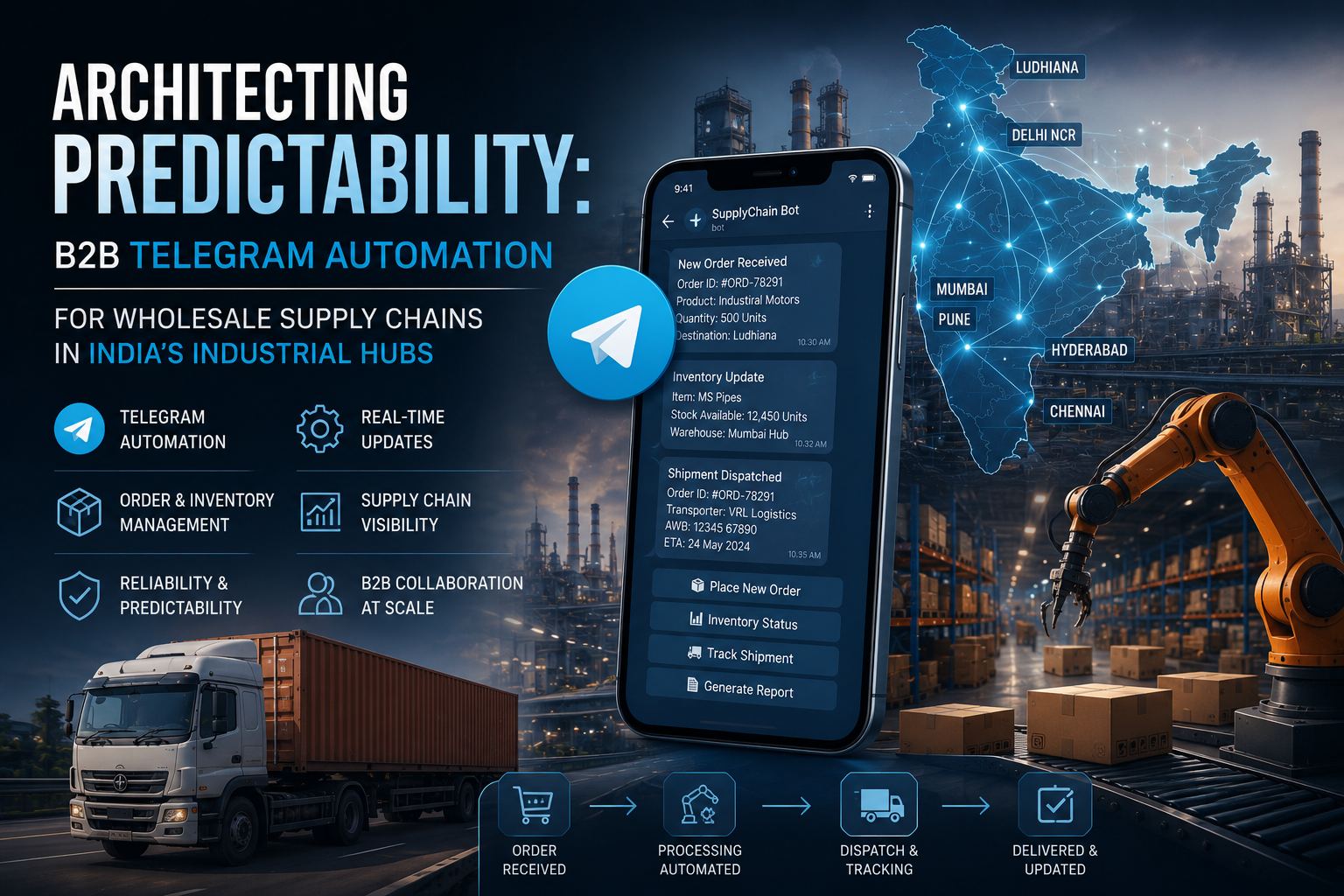 B2B Telegram automation platform for wholesale supply chain management in India's industrial hubs.