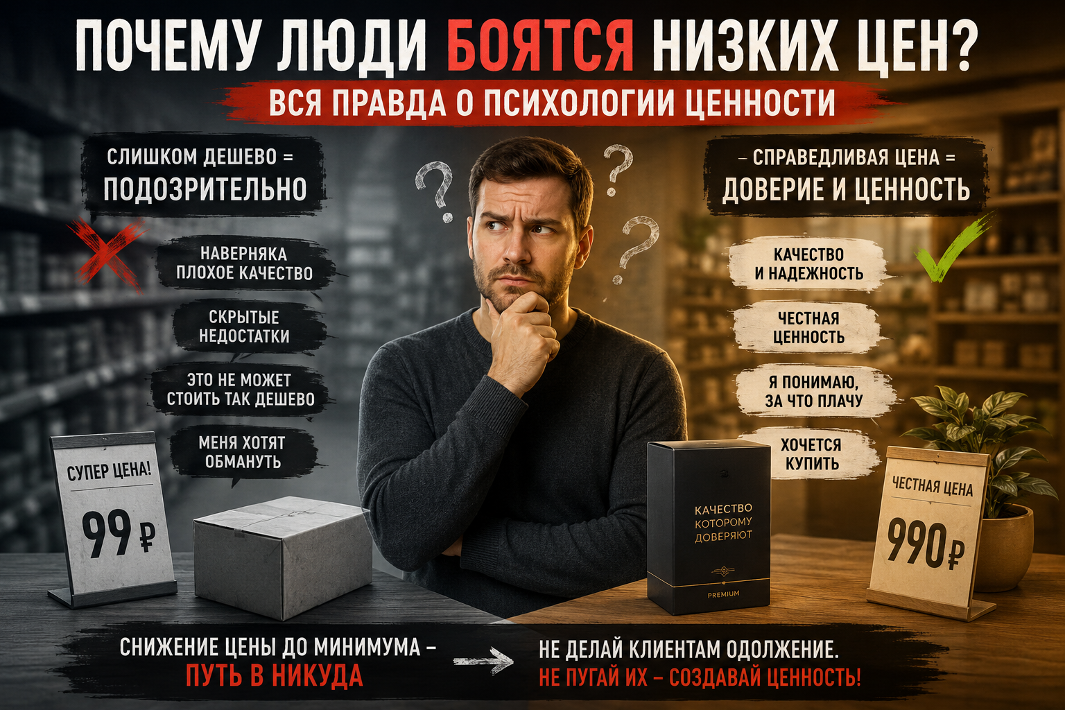 Покупатель стоит между двумя товарами и сравнивает очень низкую цену с честной рыночной ценой. Слева показаны сомнения и недоверие к слишком дешевому предложению, справа — уверенность, качество и понимание ценности продукта. Инфографика объясняет, почему чрезмерно низкие цены могут отпугивать клиентов.