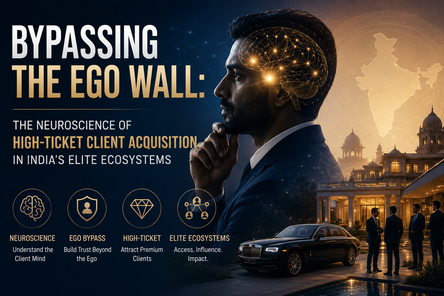 Indian business leader in a luxury setting with neuroscience-inspired visual elements, representing high-ticket client acquisition, trust building, elite networks, and premium sales psychology in India's executive ecosystem.